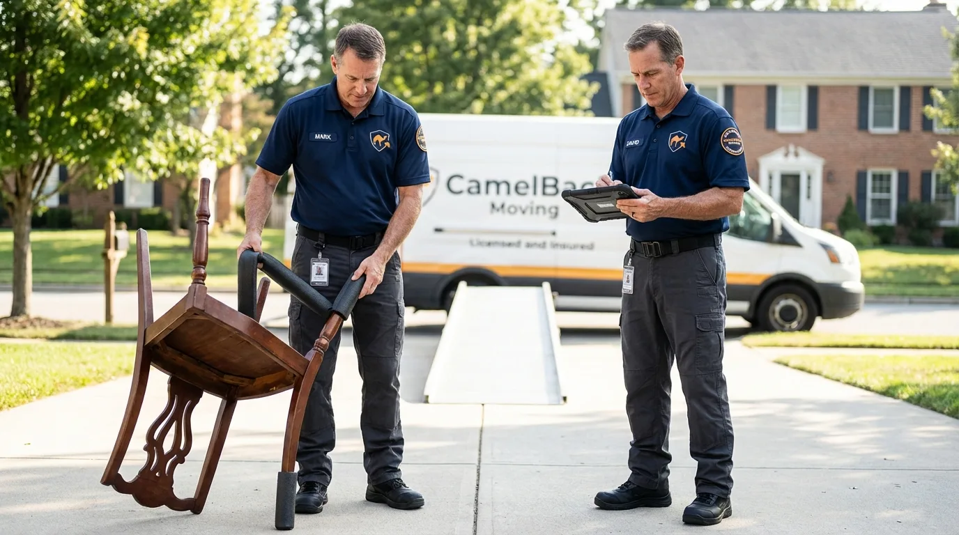 Movers inspecting furniture for damage prevention before loading in Saint Cloud, FL