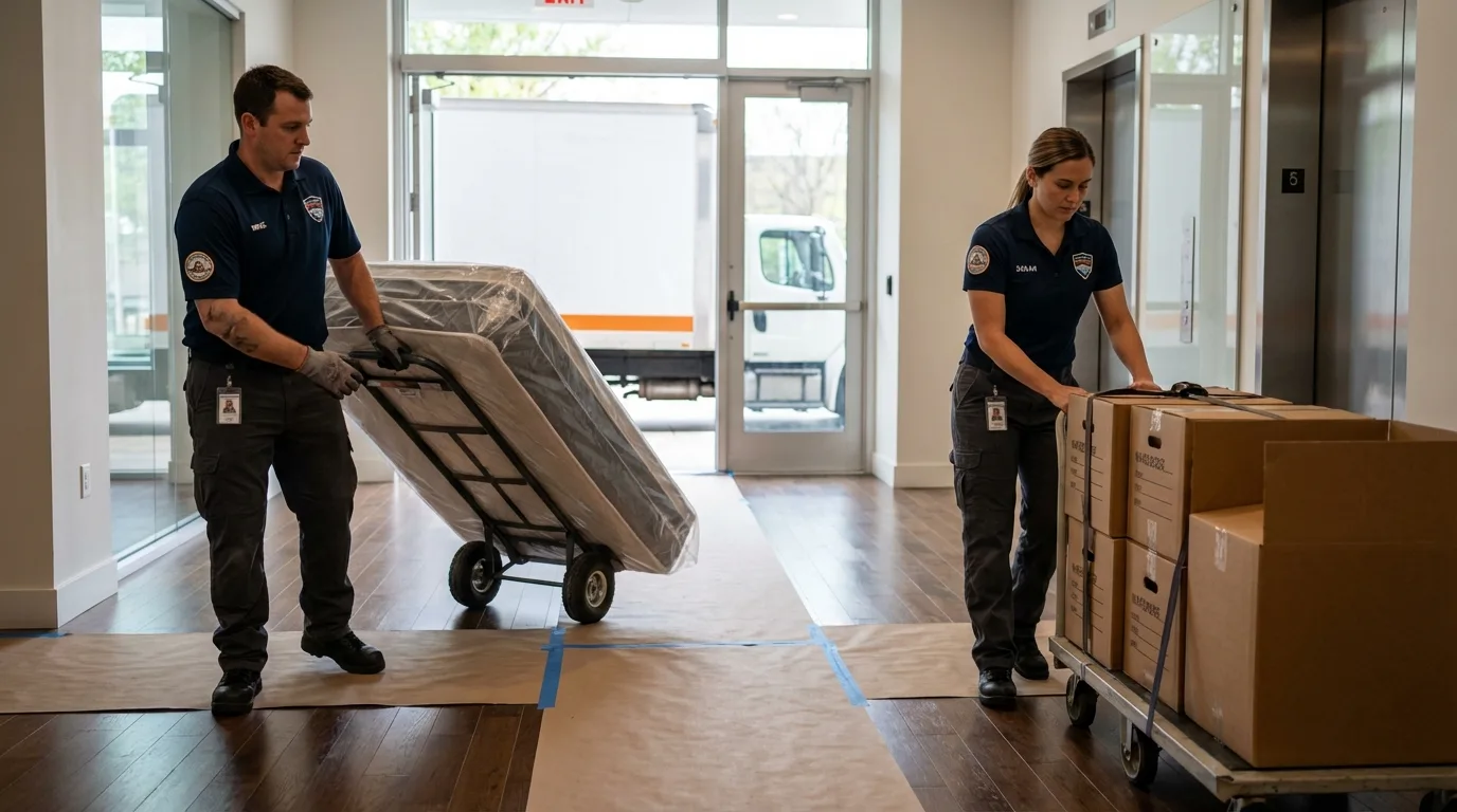 Professional apartment movers loading elevator in Saint Cloud, FL